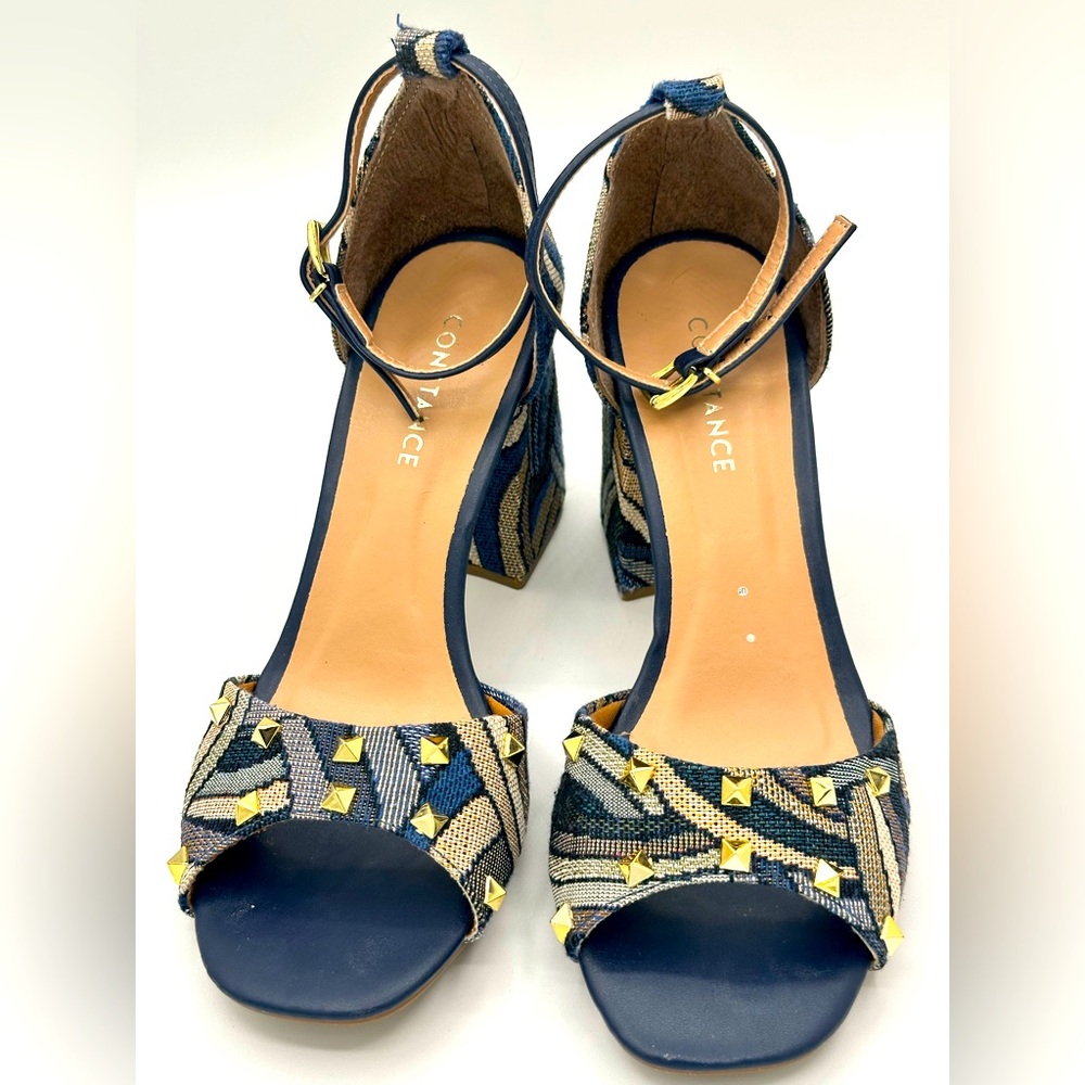 Unique multicolored blues and GoldSandal wide heel nd comfortable for wide feet.
